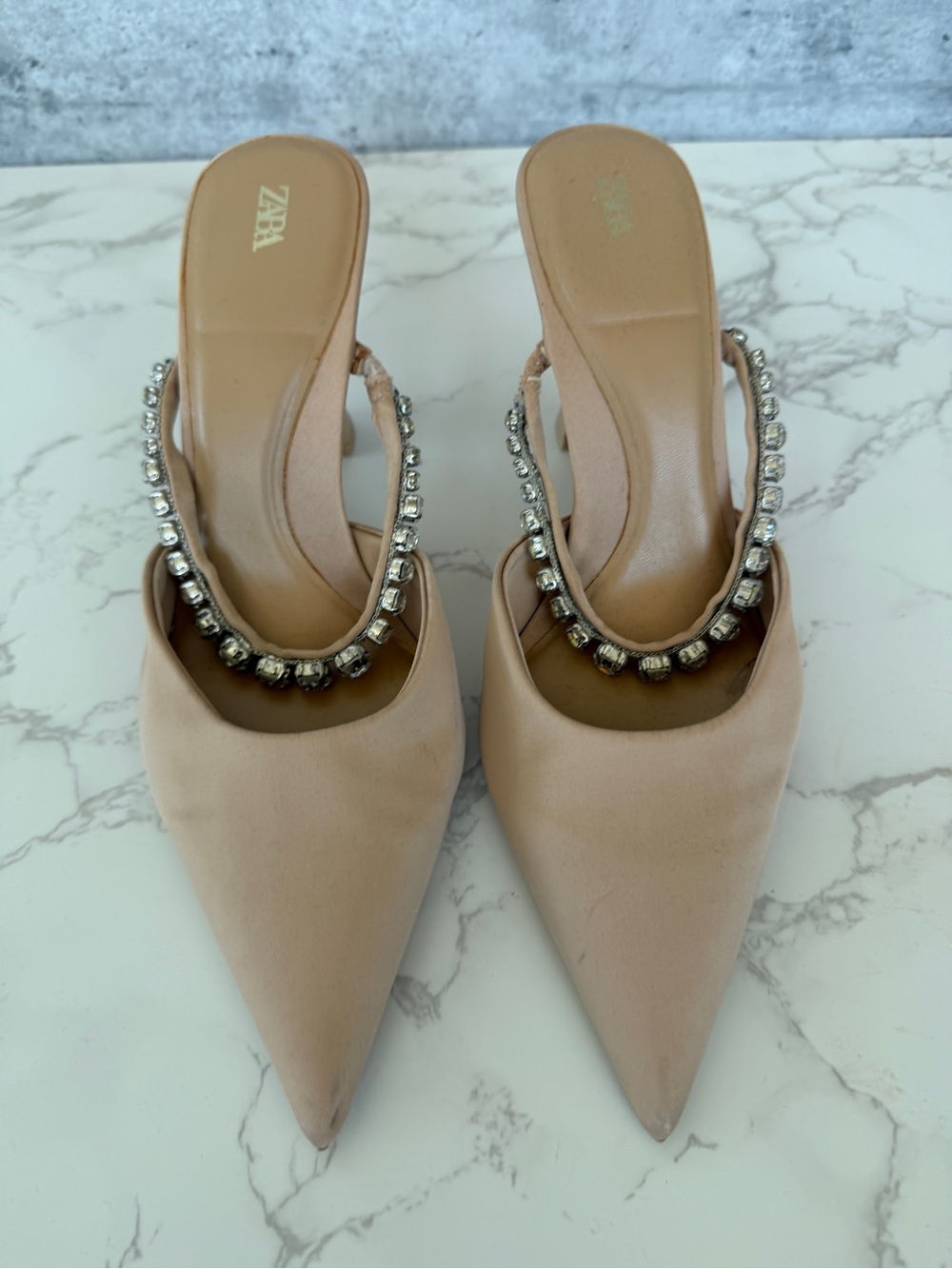 Zara Nude Embellished Pointed Toe Mules